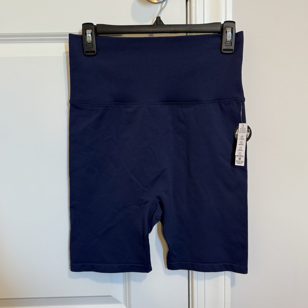 PINK Active High Waist Soft Seamless‎ Foldover Bike Shorts Navy Blue Medium VS